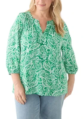 Plus 3/4 Sleeve Printed Peasant Top