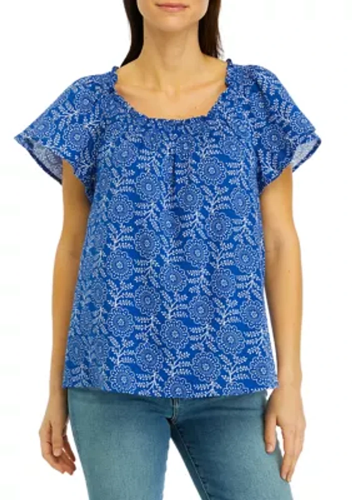 Women's Short Sleeve Shirred Neck Printed Top