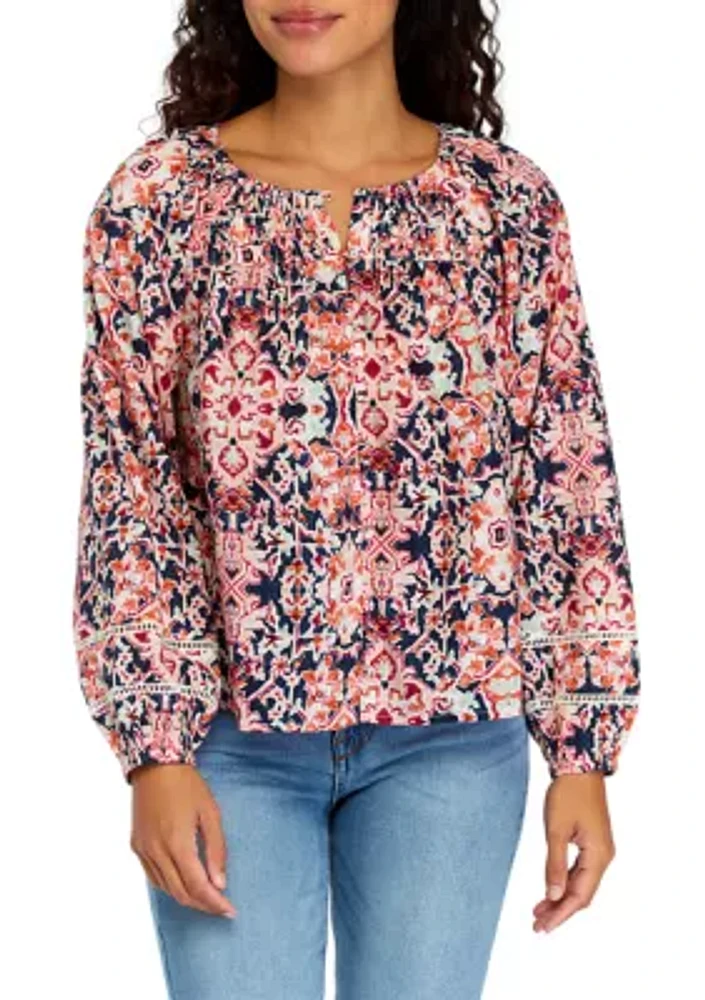 Petite Pintuck Printed Button Down Blouse