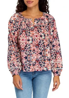 Petite Pintuck Printed Button Down Blouse