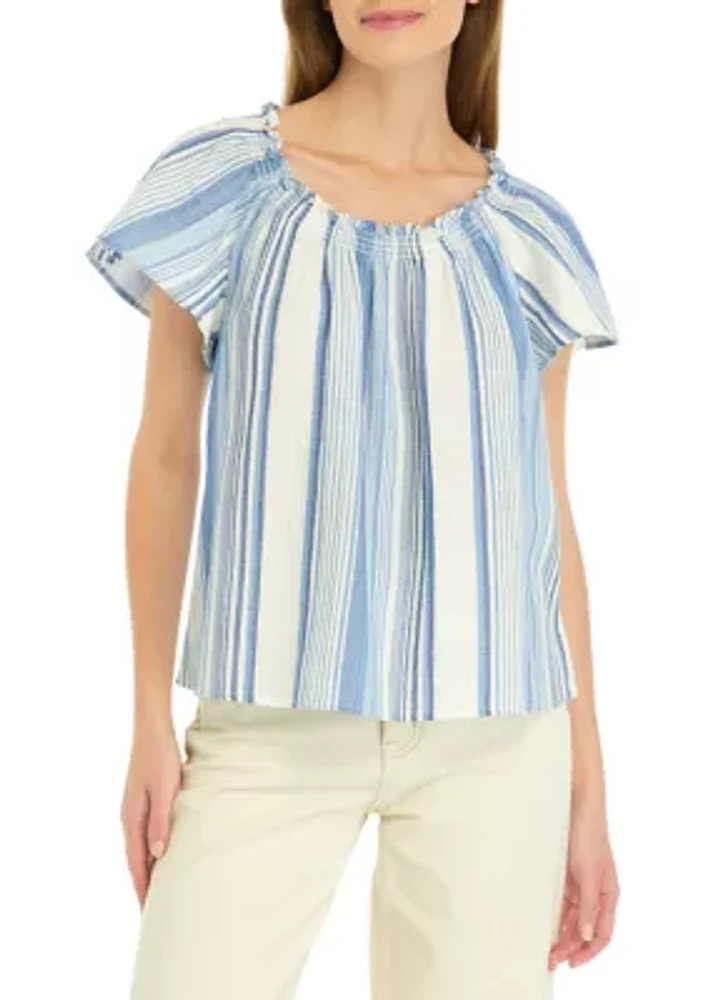 Petite Shirred Neck Striped Top