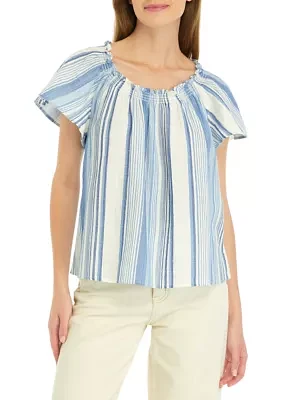 Petite Shirred Neck Striped Top