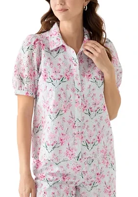 Women's Short Sleeve Eyelet Button Front Top