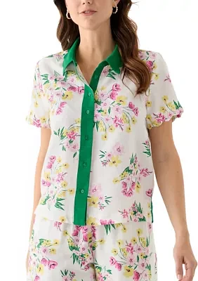 Women's Short Sleeve Scallop Button Front Top