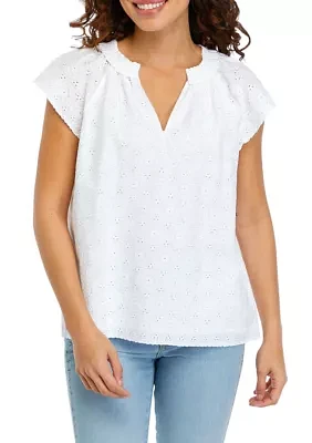 Petite Flutter Sleeve Eyelet Top