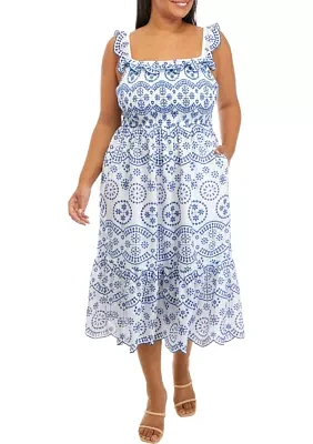 Plus Ruffle Shoulder Printed Midi Dress