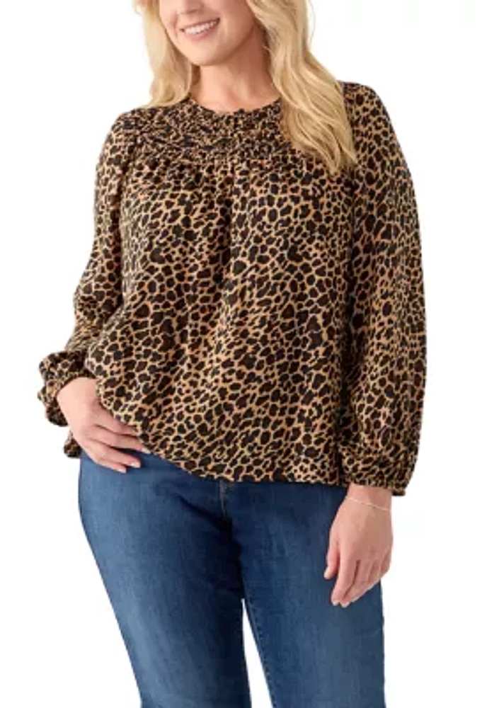 Plus Long Sleeve Smocked Printed Top