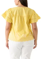 Plus Flutter Sleeve Embroidered Hem Top