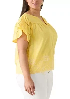 Plus Flutter Sleeve Embroidered Hem Top