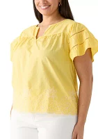 Plus Flutter Sleeve Embroidered Hem Top