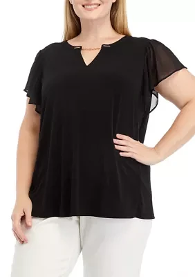 Plus Flutter Sleeve Mix Media Top with Metal Chain Detail