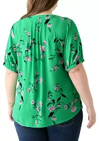 Plus Elbow Sleeve Split Neck Woven Blouse