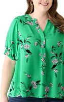 Plus Elbow Sleeve Split Neck Woven Blouse