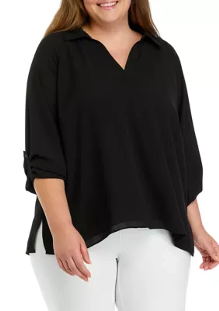 Plus 3/4 Sleeve Collared Blouse