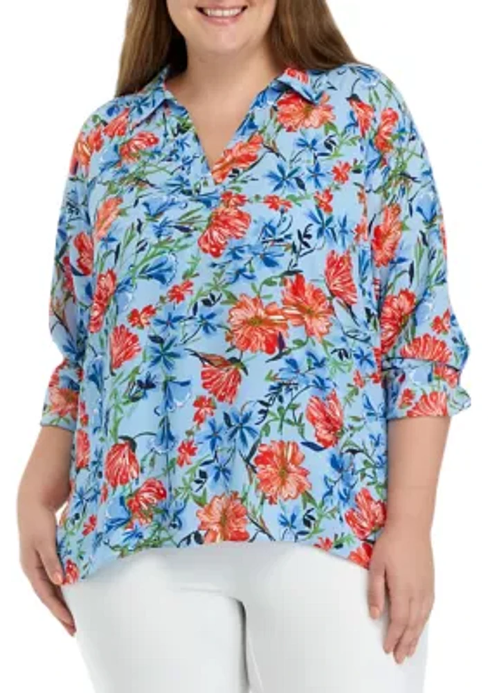 Plus 3/4 Sleeve Collared Blouse