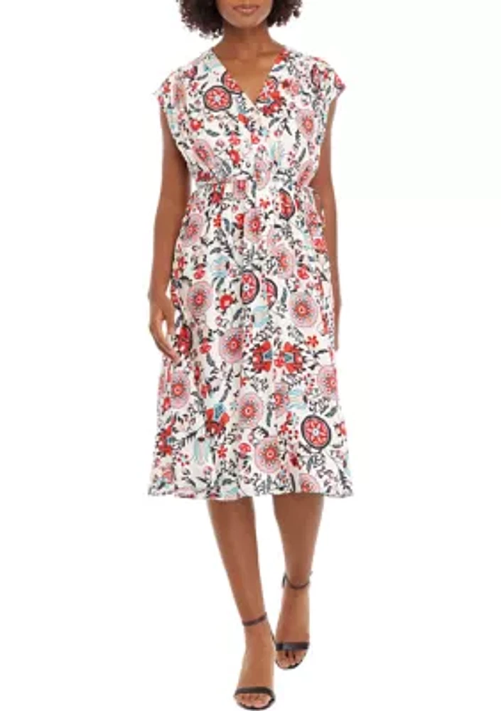 Petite V-Neck Printed Button Down Dress