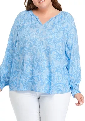 Plus Printed Smocked Shoulder Top