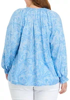 Plus Printed Smocked Shoulder Top
