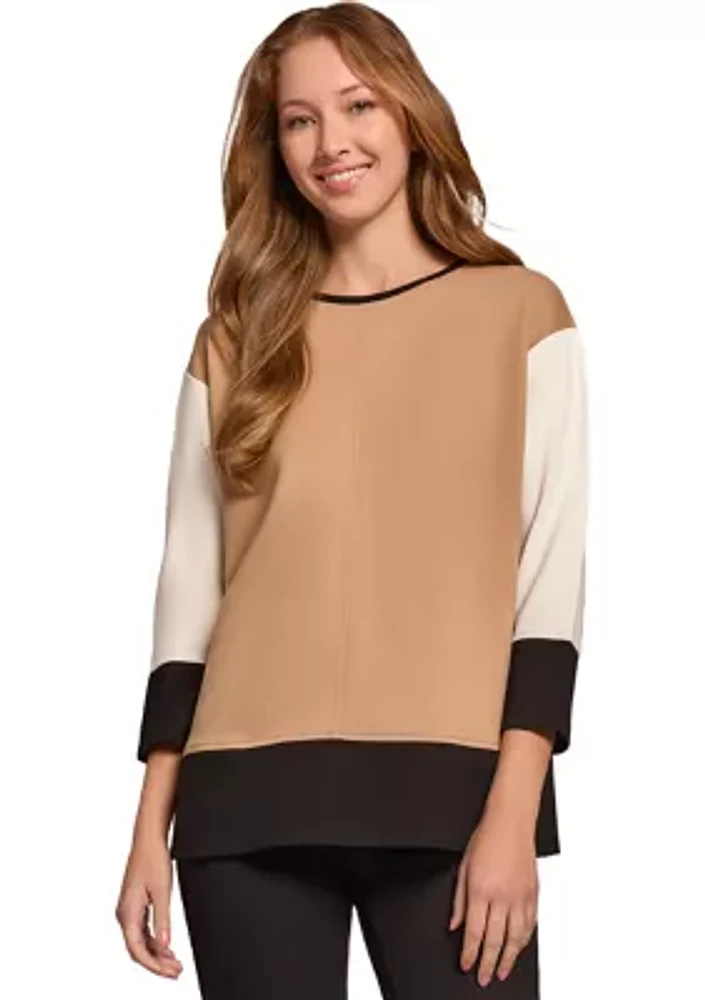 Women's Serenity Knit Colorblocked 3/4 Dolman Sleeve Seam Detail Tunic