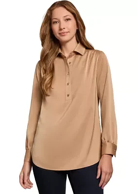 Women's Long Sleeve Side Button Popover Tunic Blouse