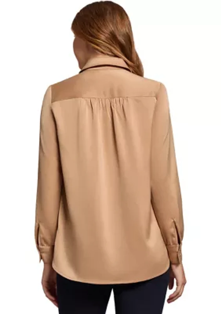 Women's Long Sleeve Side Button Popover Tunic Blouse