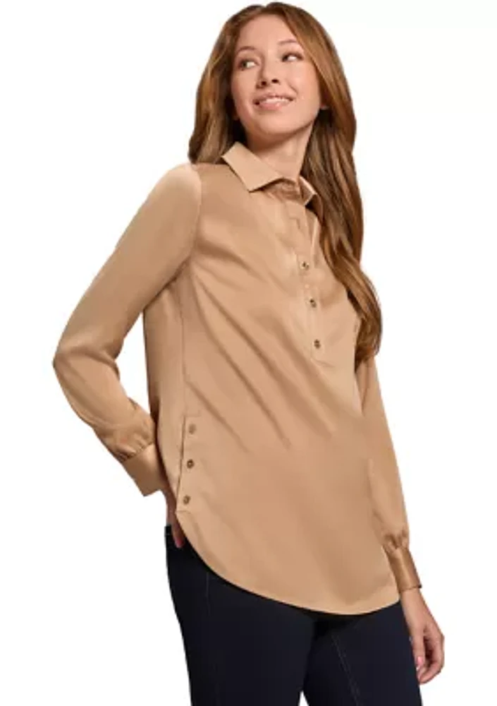 Women's Long Sleeve Side Button Popover Tunic Blouse