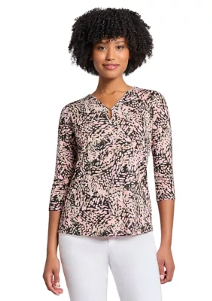 Women's Printed Moss Crepe 3/4 Sleeve V-Neck Top with Tube Trim