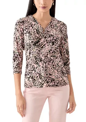 Petite Printed Moss Crepe 3/4 Sleeve V-Neck Top with Tube Trim