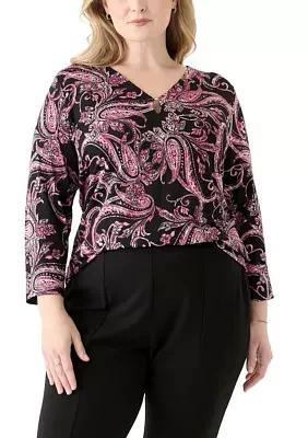 Plus Printed Moss Crepe 3/4 Sleeve V-Neck Top with Tube Trim
