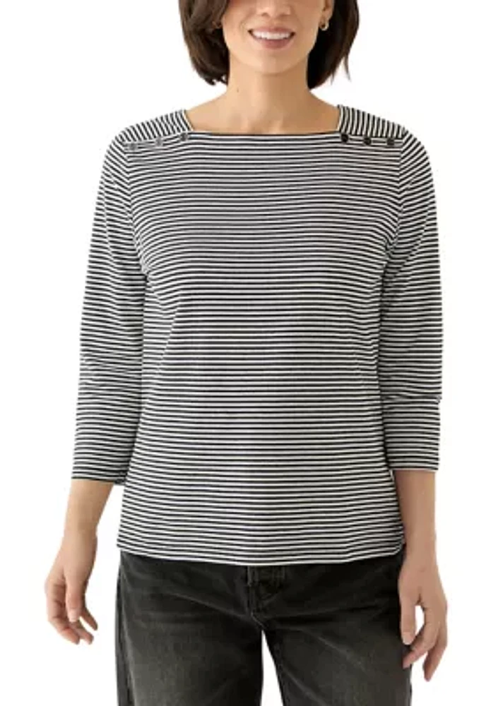 Petite Mini Yarn Dyed Feeder Stripe 3/4 Sleeve Square Neck Top