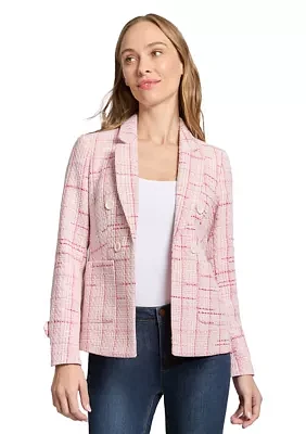 Women's Tweed Notch Faux Double Breasted Blazer with Patch Pockets and Sleeve Tab