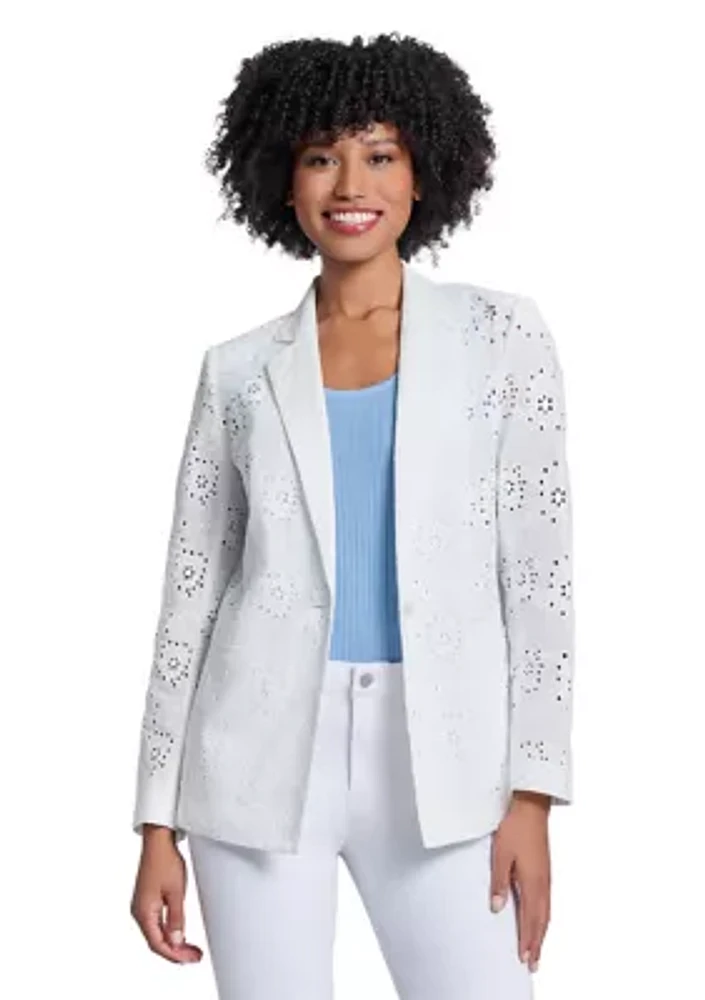 Women's Floral Eyelet One Button Notch Collar with Welt Pockets