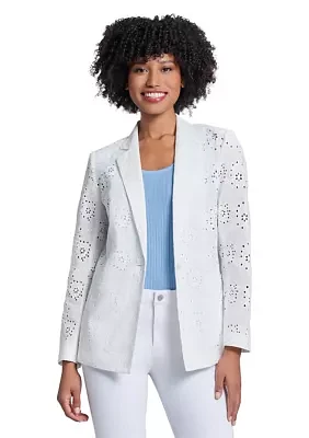 Women's Floral Eyelet One Button Notch Collar with Welt Pockets