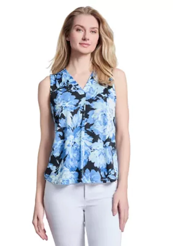 Petite Printed Moss Crepe Sleeveless V-Neck Pleat Front Top