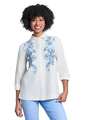 Women's Button Front Embroidered Long Sleeve Blouse