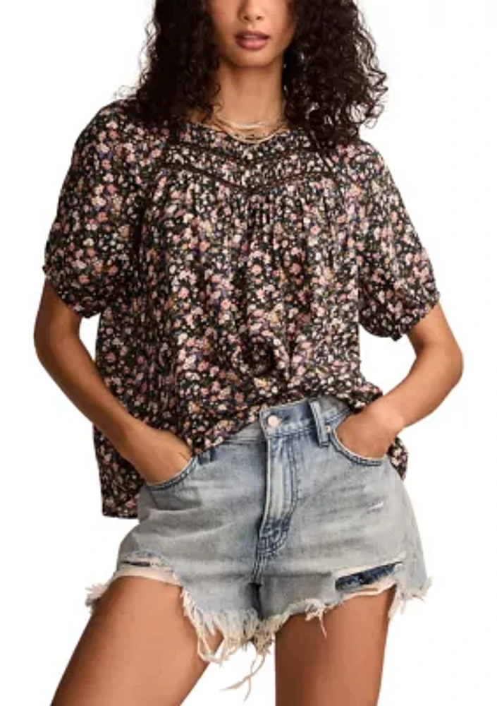 Printed Ruched Lace Trim Top