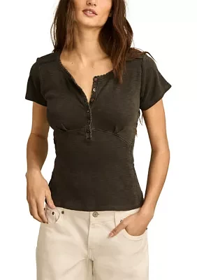 Crochet Trim Short Sleeve Henley Top