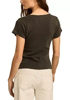 Crochet Trim Short Sleeve Henley Top