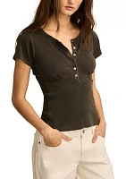 Crochet Trim Short Sleeve Henley Top