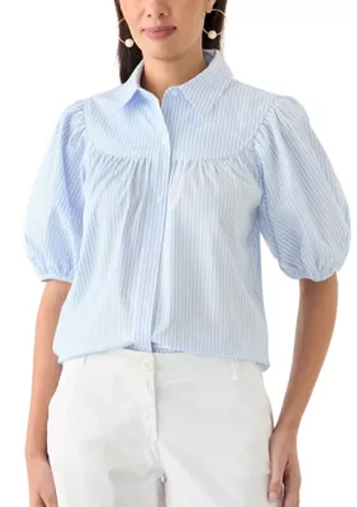 Women's Short Puff Sleeve Button Front Blouse