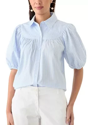 Women's Short Puff Sleeve Button Front Blouse