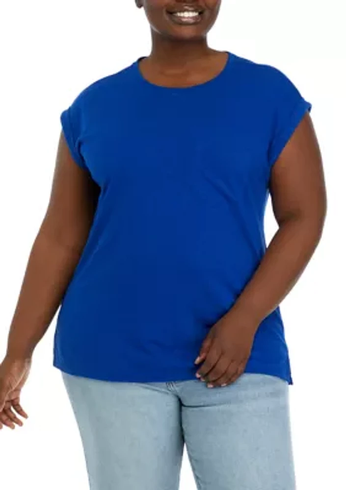 Plus Round Neck Short Sleeve Top with Left Chest Pocket