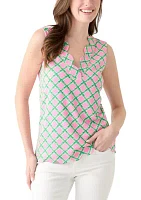 Women's Sleeveless Split Neck Scallop Hem Printed Blouse