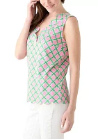 Women's Sleeveless Split Neck Scallop Hem Printed Blouse
