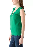Women's Sleeveless Split Neck Scallop Hem Solid Blouse