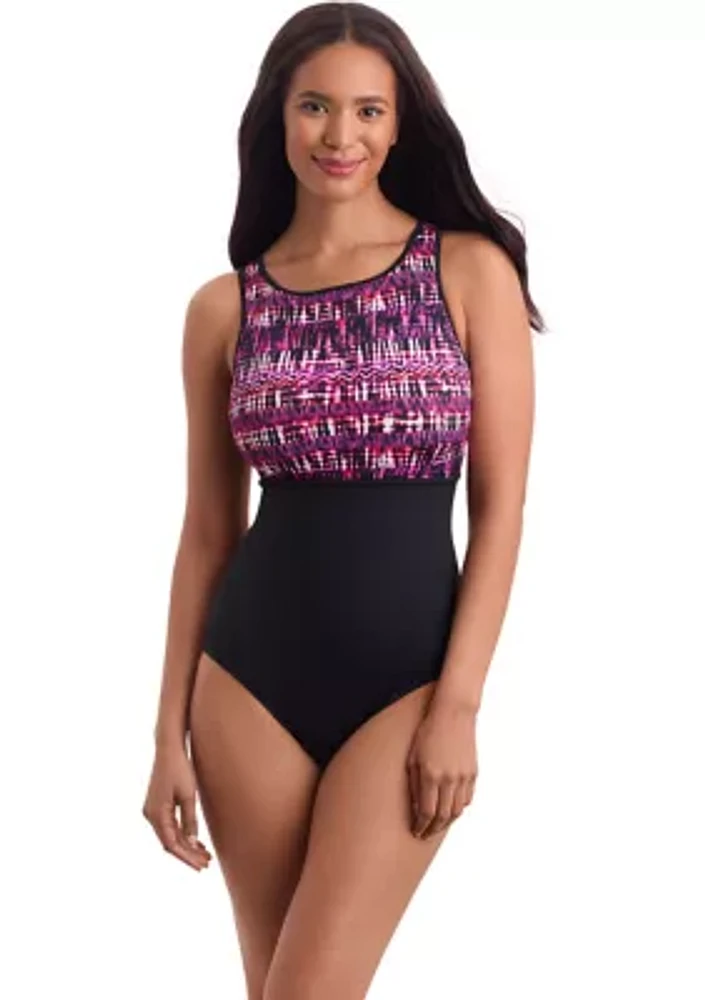 Tribal Stripe Binded High Neck Tank One Piece Swimsuit