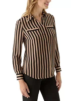 Women's Stripe Long Sleeve Button Front Blouse