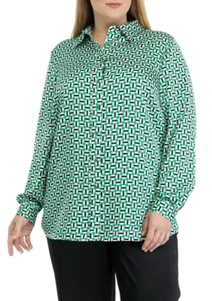 Plus Geometric Print Long Sleeve Button Front Blouse