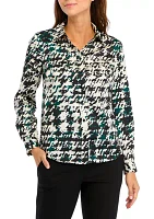 Petite Houndstooth Print Long Sleeve Button Front Blouse