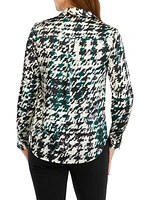 Petite Houndstooth Print Long Sleeve Button Front Blouse